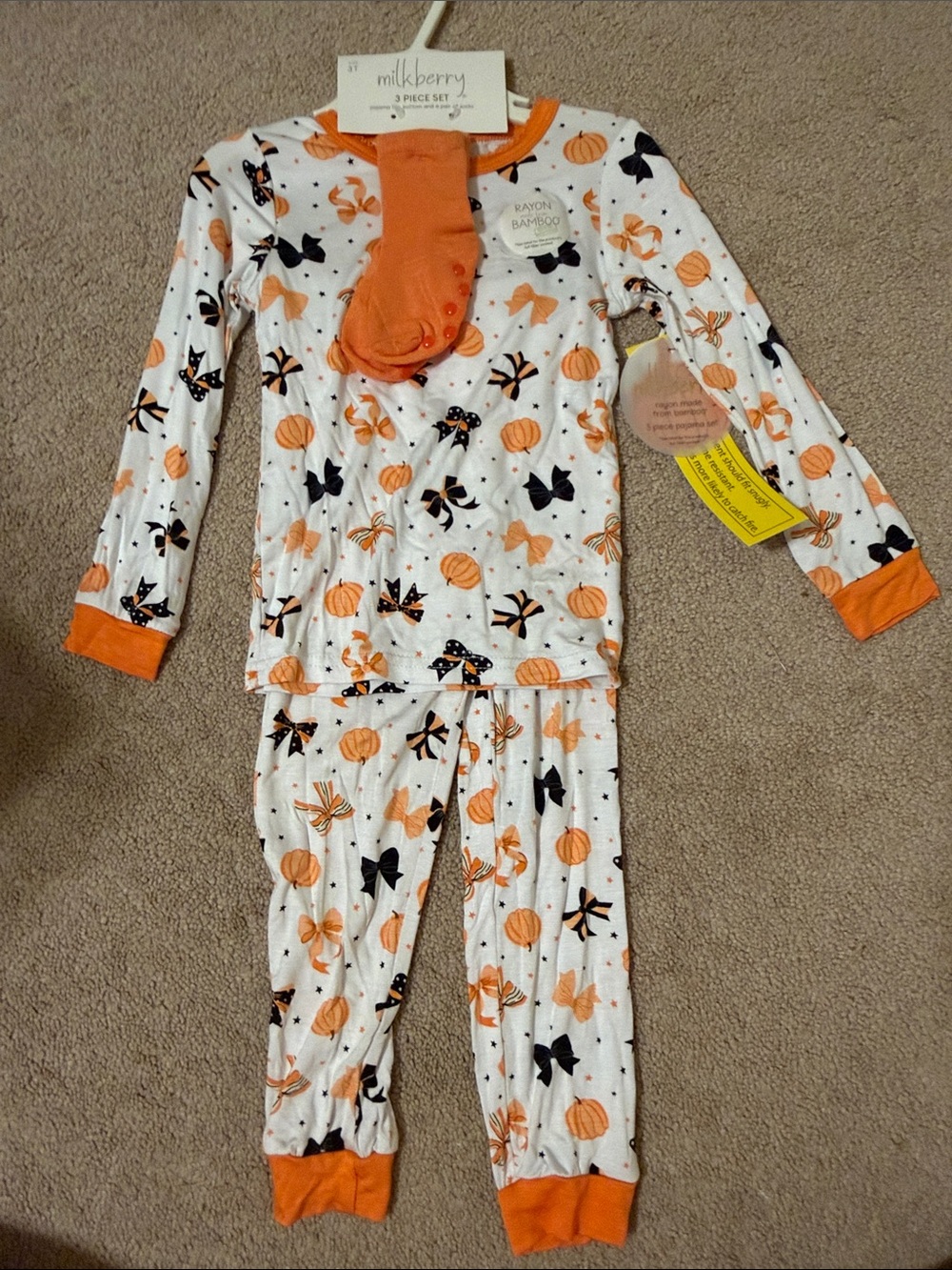 Milkberry Orange & White Pumpkin Print Kids Pajama Set with Socks